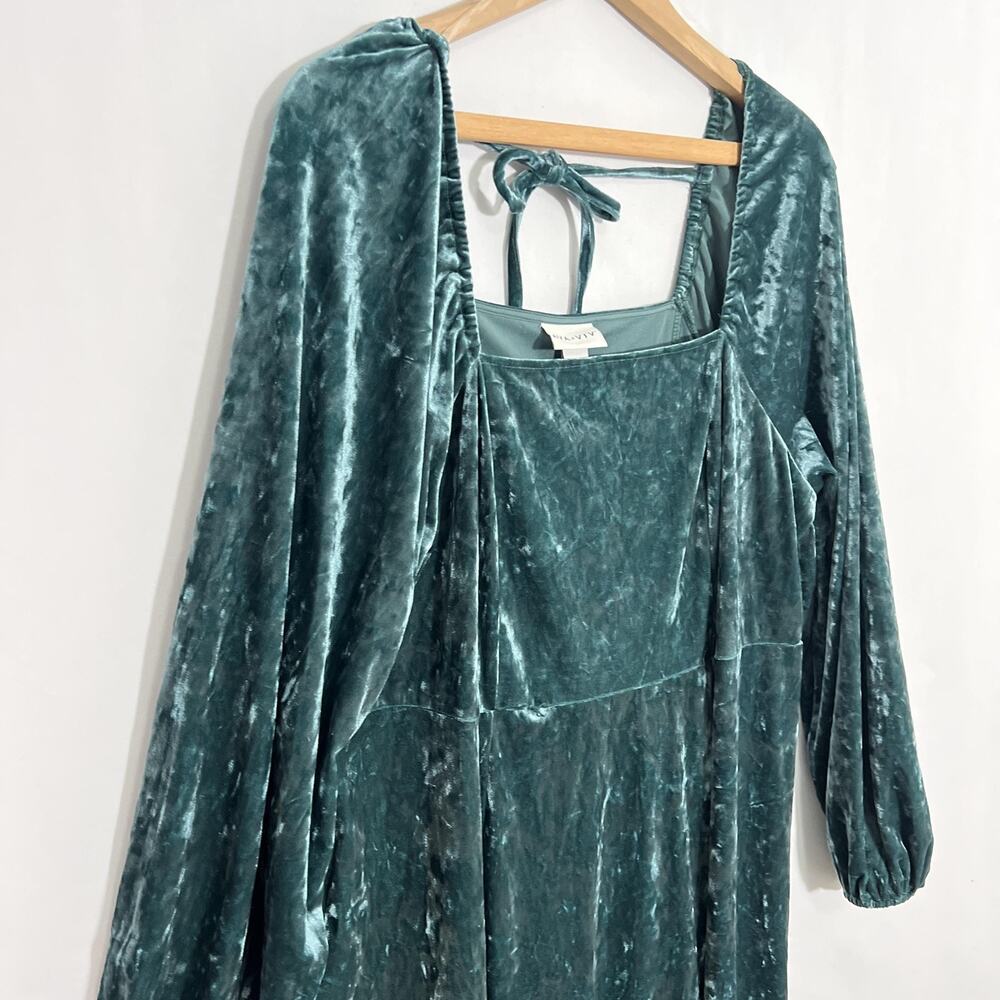 Ava & Viv Dress Womens 1X Green Crushed‎ Velvet Square Neck Balloon Sleeve Midi - Picture 5 of 13